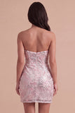 Blush Floral Sparkly Sequins Corset Ruched Strapless Short Cocktail Dress