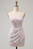 Blush Floral Sparkly Sequins Corset Ruched Strapless Short Cocktail Dress