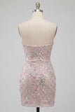 Blush Floral Sparkly Sequins Corset Ruched Strapless Short Cocktail Dress
