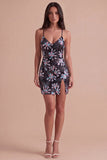 Black Sparkly Sequins Floral Spaghetti Straps Short Cocktail Dress with Slit