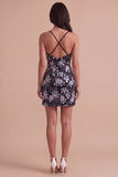 Black Sparkly Sequins Floral Spaghetti Straps Short Cocktail Dress with Slit