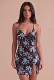 Black Sparkly Sequins Floral Spaghetti Straps Short Cocktail Dress with Slit