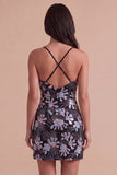 Black Sparkly Sequins Floral Spaghetti Straps Short Cocktail Dress with Slit
