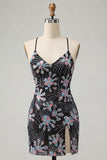 Black Sparkly Sequins Floral Spaghetti Straps Short Cocktail Dress with Slit