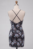 Black Sparkly Sequins Floral Spaghetti Straps Short Cocktail Dress with Slit