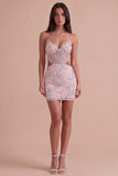 Blush Sparkly Sequins Corset Floral Cut Out Bodycon Short Cocktail Dress