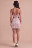 Blush Sparkly Sequins Corset Floral Cut Out Bodycon Short Cocktail Dress