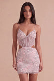 Blush Sparkly Sequins Corset Floral Cut Out Bodycon Short Cocktail Dress