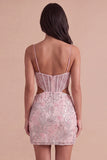 Blush Sparkly Sequins Corset Floral Cut Out Bodycon Short Cocktail Dress