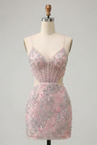 Blush Sparkly Sequins Corset Floral Cut Out Bodycon Short Cocktail Dress
