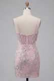 Blush Sparkly Sequins Corset Floral Cut Out Bodycon Short Cocktail Dress