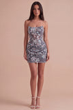 Dark Grey Sparkly Sequins Corset Floral Ruched Short Cocktail Dress
