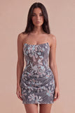 Dark Grey Sparkly Sequins Corset Floral Ruched Short Cocktail Dress