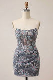 Dark Grey Sparkly Sequins Corset Floral Ruched Short Cocktail Dress