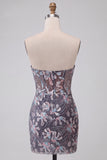 Dark Grey Sparkly Sequins Corset Floral Ruched Short Cocktail Dress