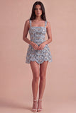 Ivory Sparkly Square Neck Sequin Short Cocktail Dress