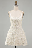 Ivory Sparkly Square Neck Sequin Short Cocktail Dress