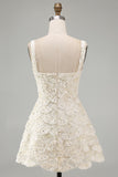 Ivory Sparkly Square Neck Sequin Short Cocktail Dress