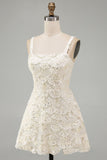 Ivory Sparkly Square Neck Sequin Short Cocktail Dress