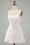 Ivory Sparkly Square Neck Sequin Short Cocktail Dress