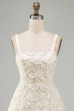 Ivory Sparkly Square Neck Sequin Short Cocktail Dress