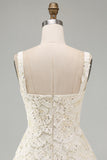 Ivory Sparkly Square Neck Sequin Short Cocktail Dress