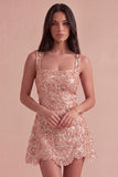 Ivory Sparkly Square Neck Sequin Short Cocktail Dress