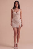 Champagne Floral Corset Sparkly Sequin Short Cocktail Dress