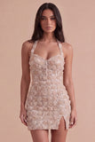 Champagne Floral Corset Sparkly Sequin Short Cocktail Dress