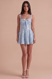Floral Sky Blue Sparkly Thick Straps Sequin Short Cocktail Dress