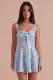 Floral Sky Blue Sparkly Thick Straps Sequin Short Cocktail Dress