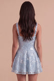 Floral Sky Blue Sparkly Thick Straps Sequin Short Cocktail Dress
