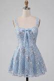 Floral Sky Blue Sparkly Thick Straps Sequin Short Cocktail Dress