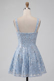 Floral Sky Blue Sparkly Thick Straps Sequin Short Cocktail Dress
