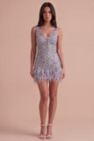 Sparkly Floral Dusty Lavender Sequin Short Cocktail Dress