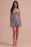 Sparkly Dusty Lavender Ruffled Sequin Floral Short Cocktail Dress