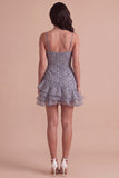 Sparkly Dusty Lavender Ruffled Sequin Floral Short Cocktail Dress