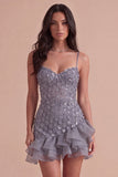 Sparkly Dusty Lavender Ruffled Sequin Floral Short Cocktail Dress