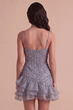 Sparkly Dusty Lavender Ruffled Sequin Floral Short Cocktail Dress