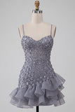 Sparkly Dusty Lavender Ruffled Sequin Floral Short Cocktail Dress