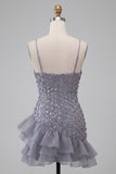 Sparkly Dusty Lavender Ruffled Sequin Floral Short Cocktail Dress