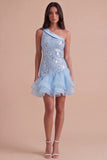 Sky Blue Sparkly Floral Ruffled One Shoulder Short Cocktail Dress