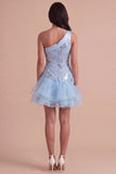 Sky Blue Sparkly Floral Ruffled One Shoulder Short Cocktail Dress
