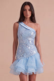 Sky Blue Sparkly Floral Ruffled One Shoulder Short Cocktail Dress