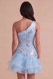 Sky Blue Sparkly Floral Ruffled One Shoulder Short Cocktail Dress
