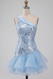 Sky Blue Sparkly Floral Ruffled One Shoulder Short Cocktail Dress