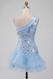 Sky Blue Sparkly Floral Ruffled One Shoulder Short Cocktail Dress