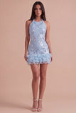 Sparkly Floral Sky Blue Halter Ruffled Short Cocktail Dress