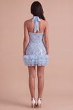 Sparkly Floral Sky Blue Halter Ruffled Short Cocktail Dress