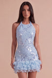 Sparkly Floral Sky Blue Halter Ruffled Short Cocktail Dress